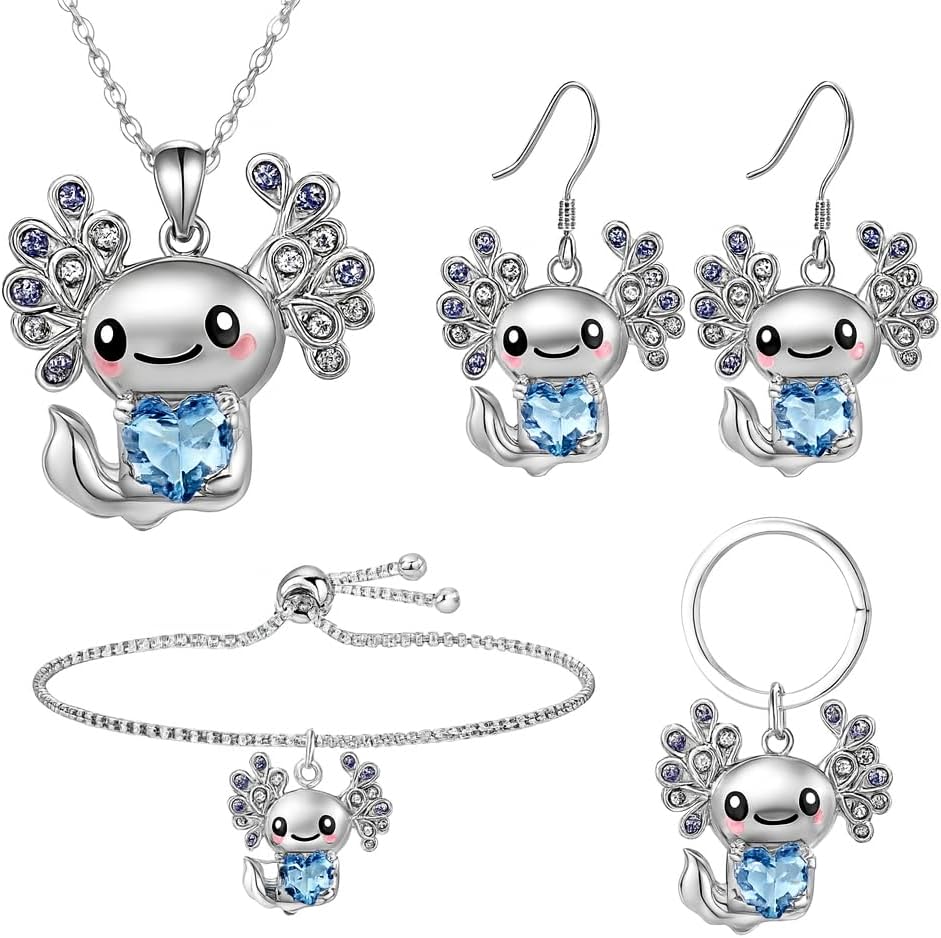 Cute Salamander Jewelry Set with Blue Crystal Heart, Silver Necklace, Earrings, Bracelet and Keychain