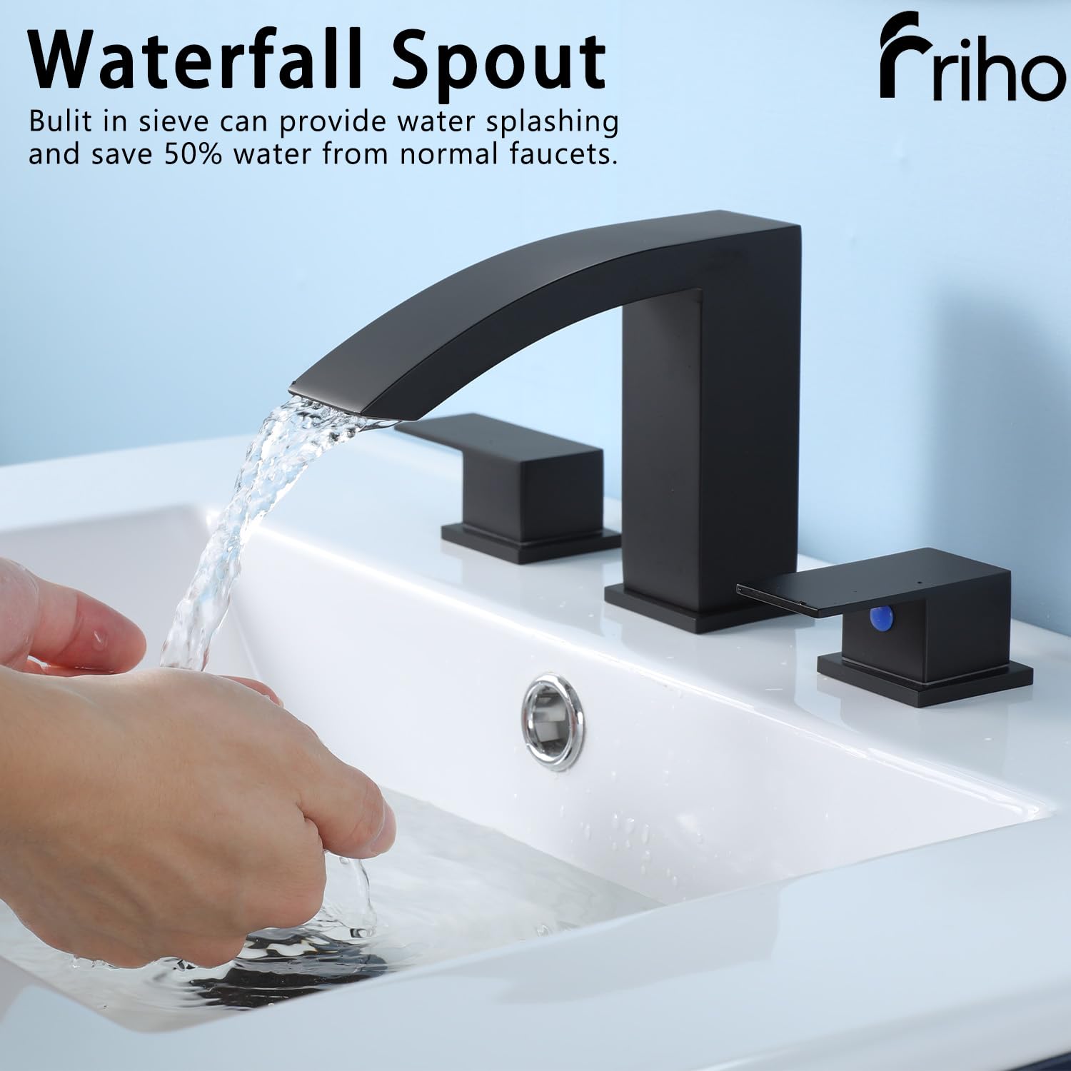 Friho Grifos de baño negros de 3 agujeros, cascada generalizada de 8 pulgadas, grifo cuadrado negro mate con drenaje emergente y líneas de suministro, dos asas para tocador, caravana, baño FR2DC17808B