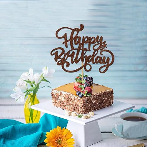 Miniatura 3 de Crseniny Decoración de pastel de feliz cumpleaños, decoración de cumpleaños con purpurina marrón, suministros de decoración de fiesta de