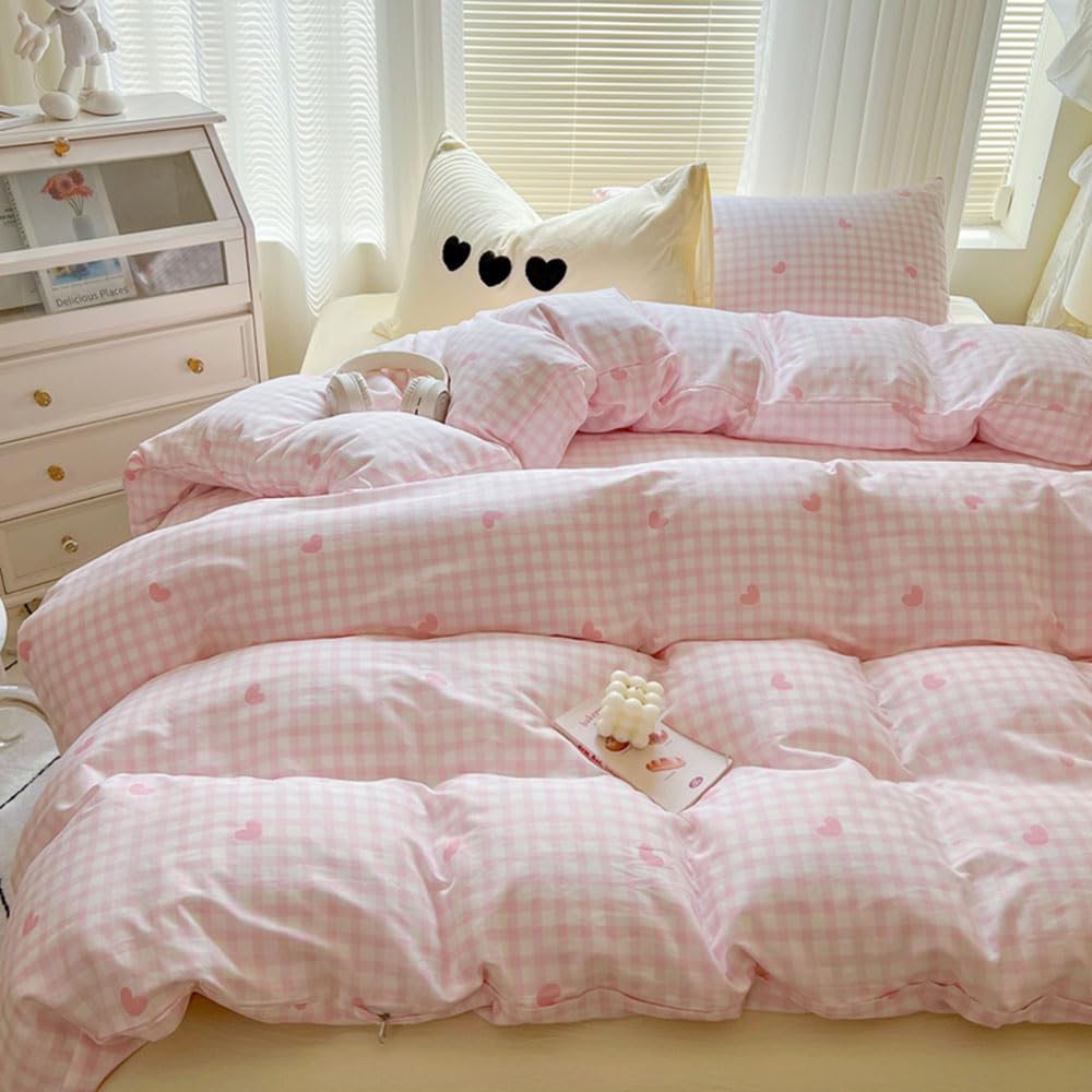 Nyescasa King Duvet Cover Sets Pink Gingham Grid Heart Cute Super Soft Microfibre Bedding Set for Kids Girls Women Checked Plaid Love Hearts Aesthetic Quilt Cover 220x230 and 2 Pillowcases 50x75 cm — image 1