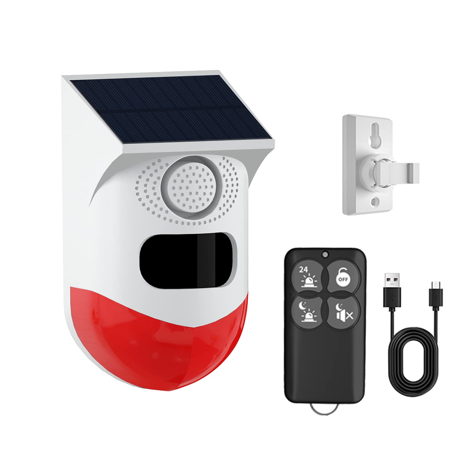 Detector de movimiento Alarma, 120 dB, sensor de movimiento PIR con mando a distancia, IP65, resistente al agua, luz solar intermitente (T378-1)