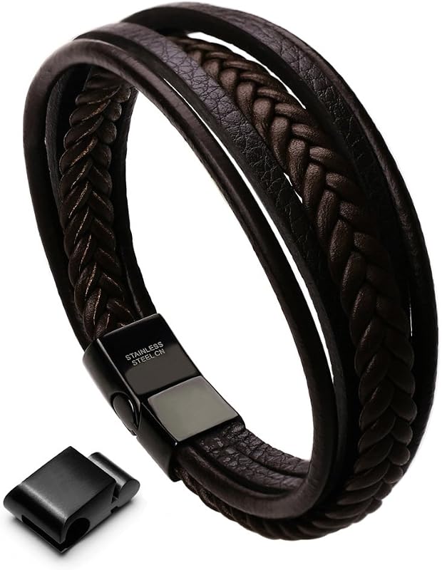 Pulsera de cuero para hombre con cierre Pulsera de cuero trenzado multicapa de piel de vacuno para hombre