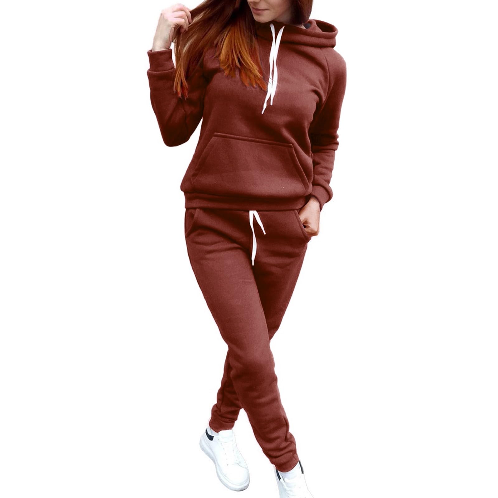 Tenue de loisirs pour femme - Ensemble pyjama côtelé - 2 pièces | Sweat à capuche à manches longues et longue taille élastique, pantalon de loisirs, pyjama avec cordon de serrage et poches