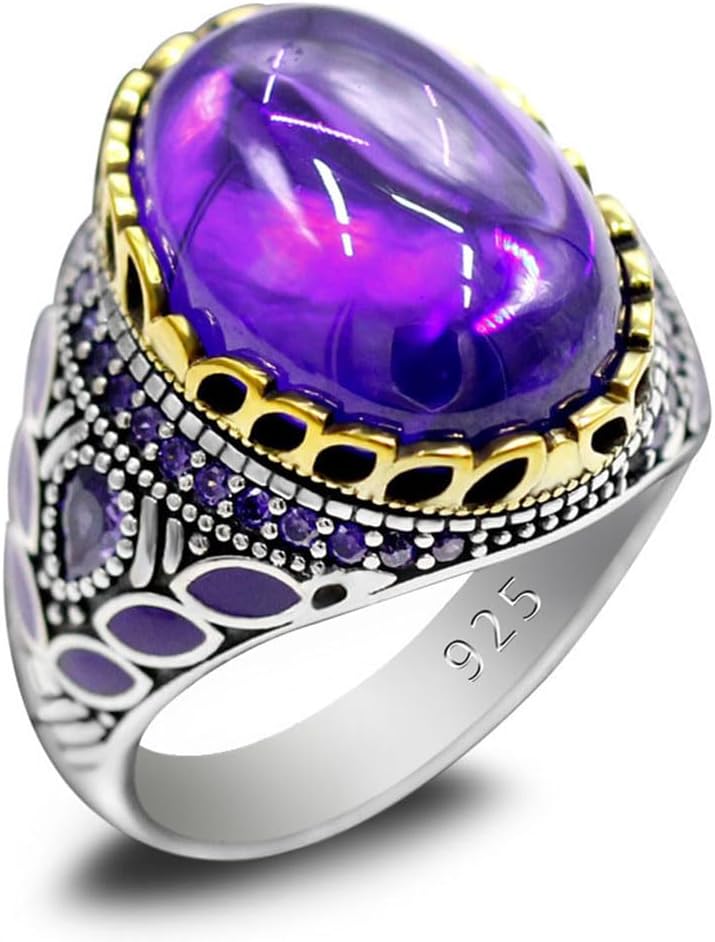 Solid S925 Sterling Silver Men's Ring Blue Crystal Glass Black Agate Red Agate Purple Zircon Turquoise Ring Türkiye Handmade Ring National Style Craft Unique Jewelry - Image 3