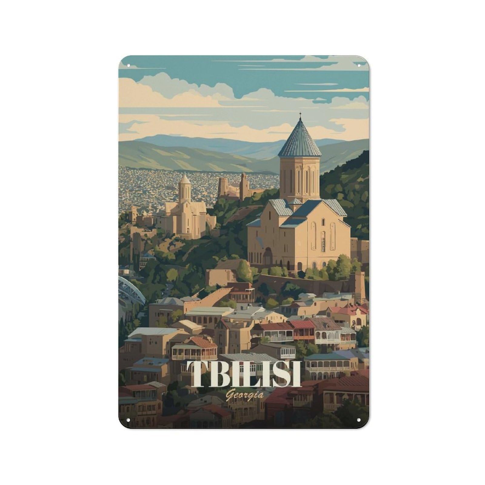 Junmoney Style-8 Tbilisi Georgia Cityscape Illustration Retro Tin Sign 30X20cm For Garage Wall, With Retro Styling For Interior Wall Displays