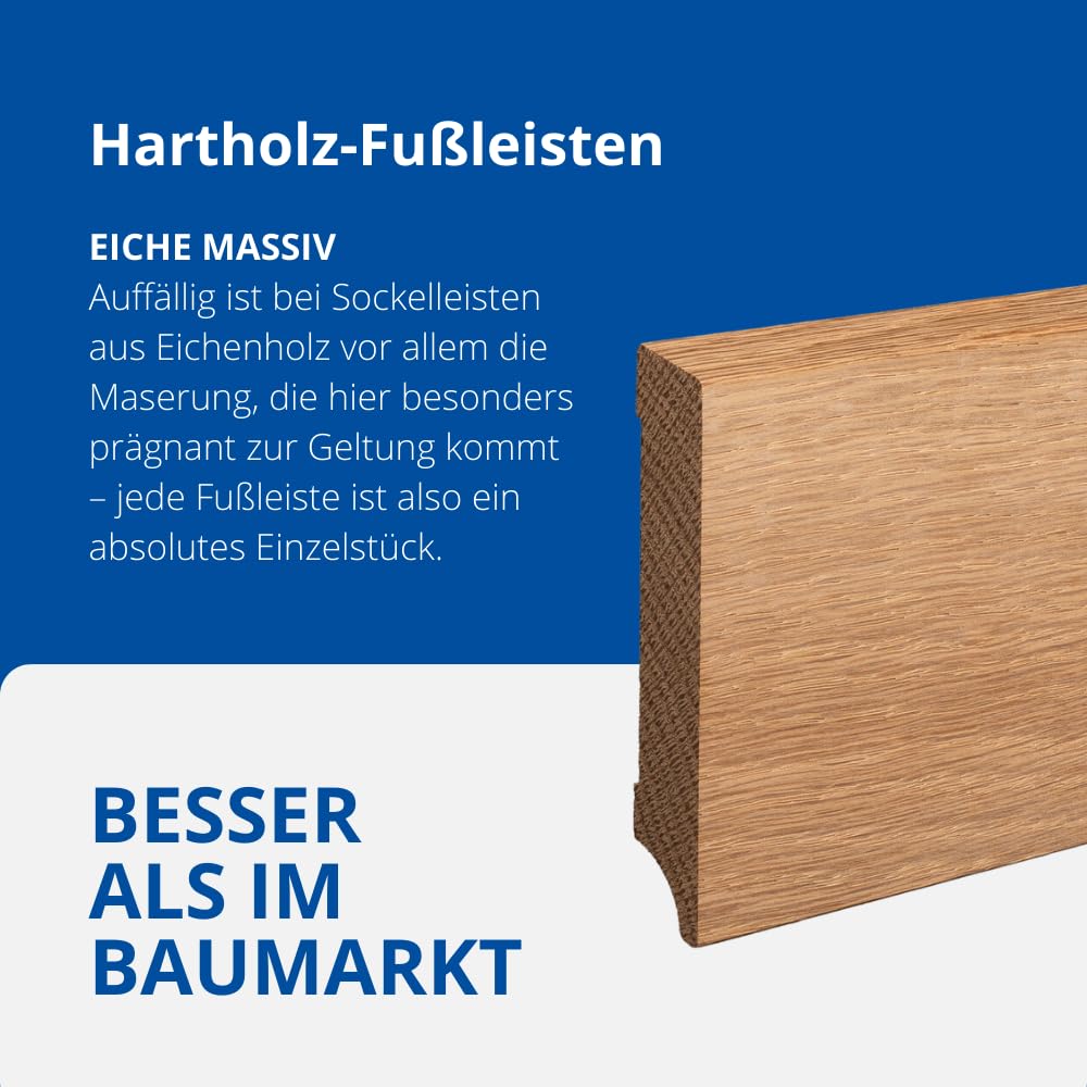 REESE | MASSIVHOLZ Sockelleiste | Leipziger Profil | Eiche ROH | Oben Abgeschrägt | 100mm Höhe - 1 Stück / 2,3lfm