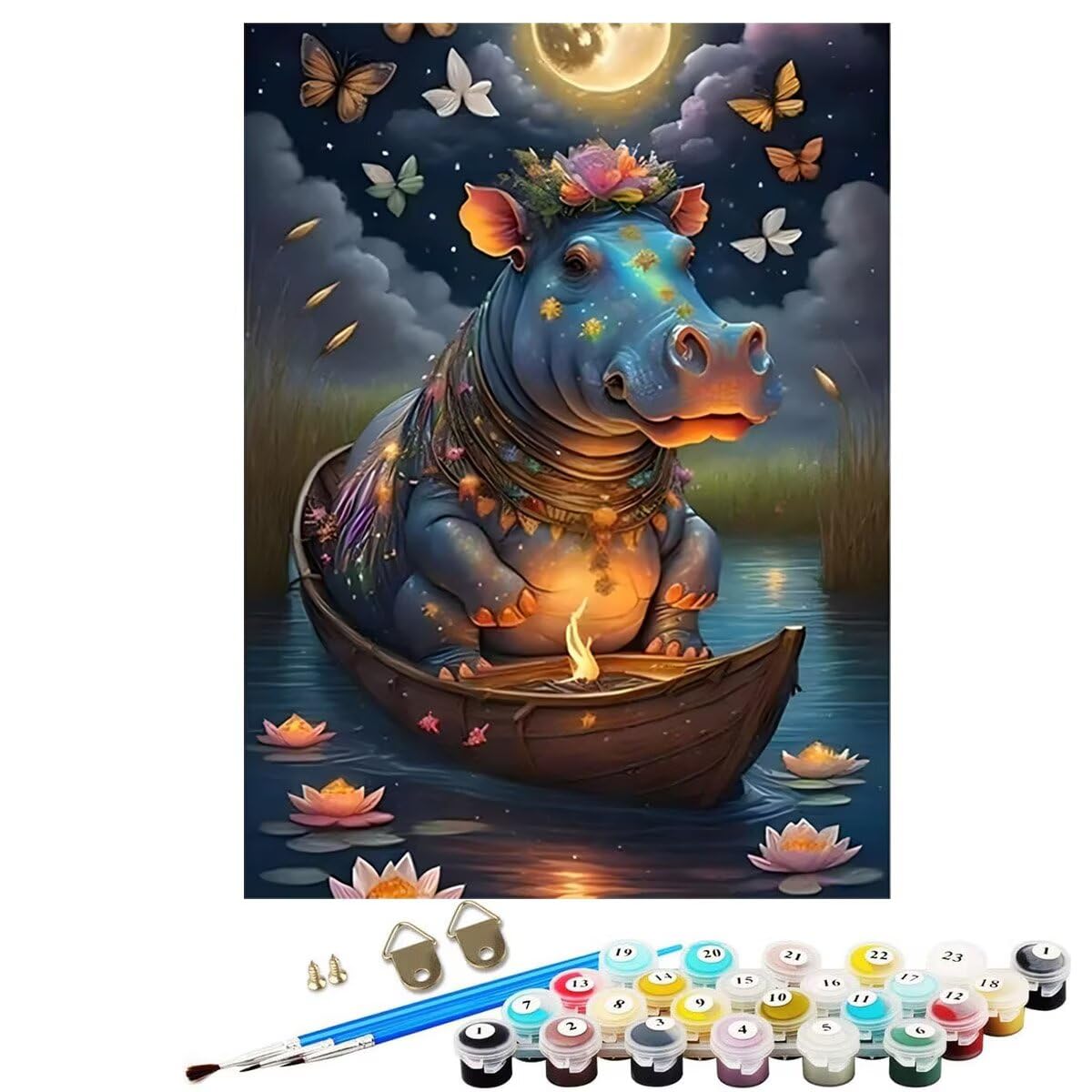SYLDK5 Malowanie po numerach, 81 x 112 cm, duże farby po numerach, dla dorosłych, hipopotam, zwierzę, DIY, obrazy olejne, rękodzieło, hobbystów, dla kobiet, prezenty z pędzlami do ramy i pigmentem