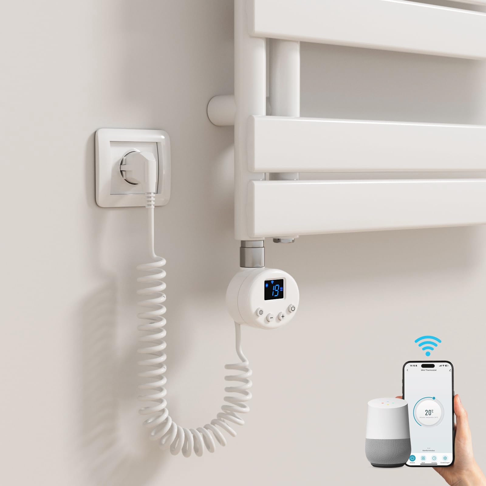 Heilmetz Smart WiFi Heizstab Weiß 600W, Heizpatrone Heizelemente für Heizungen Heizkörper Badheizkörper Handtuchtrockner mit Thermostat elektronischer Temperaturregler Und Timing-Funktion