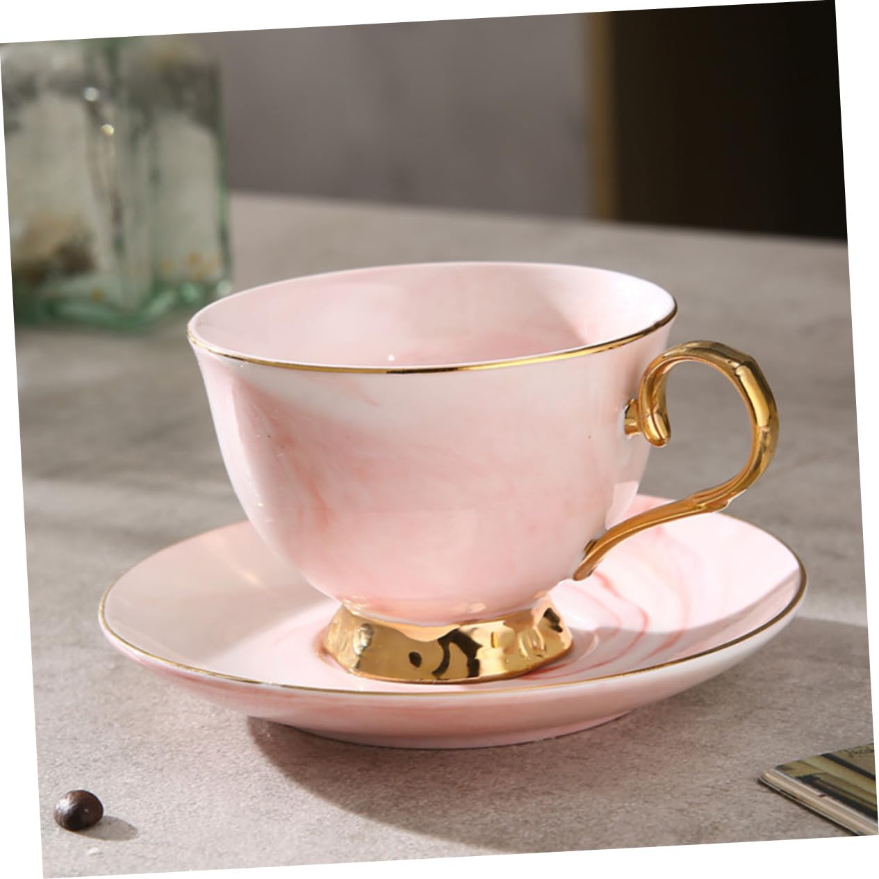 VILLCASE Taza con Platillo de Cerámica 250ml Rojo Estilo Mármol | Juego de Taza y Platillo, Diseño Moderno Decorativo, Apta para Café, Té, Leche, Chocolate Caliente