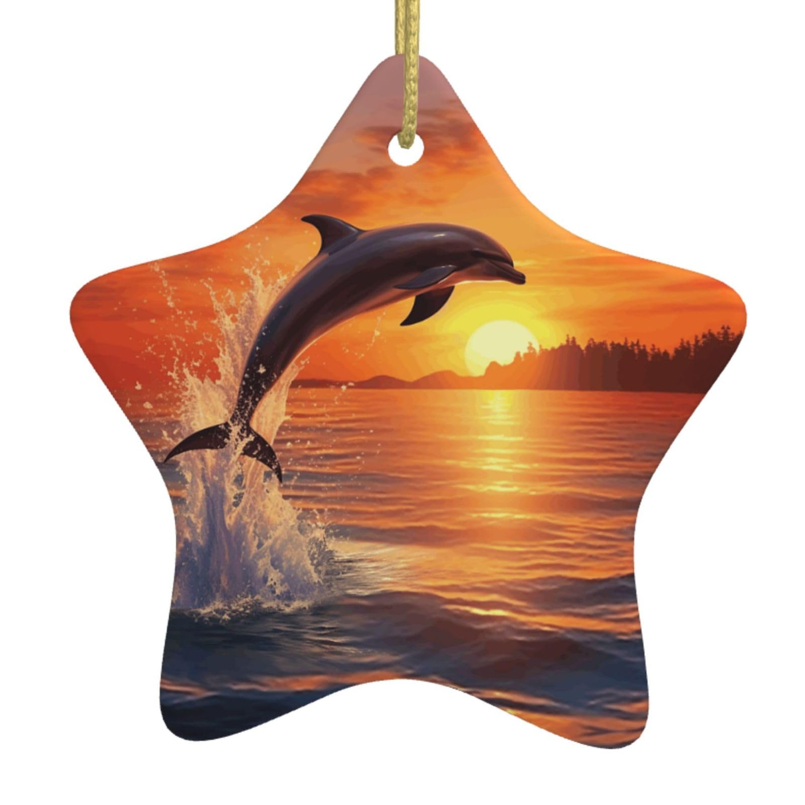 Ceramic Christmas Tree Hanging Ornaments with Gold Ropes Christmas Tree Decorations Star Ceramic Sunset Dolphin Pendant Keepsake Decorations for Holiday Xmas Gift Ideas
