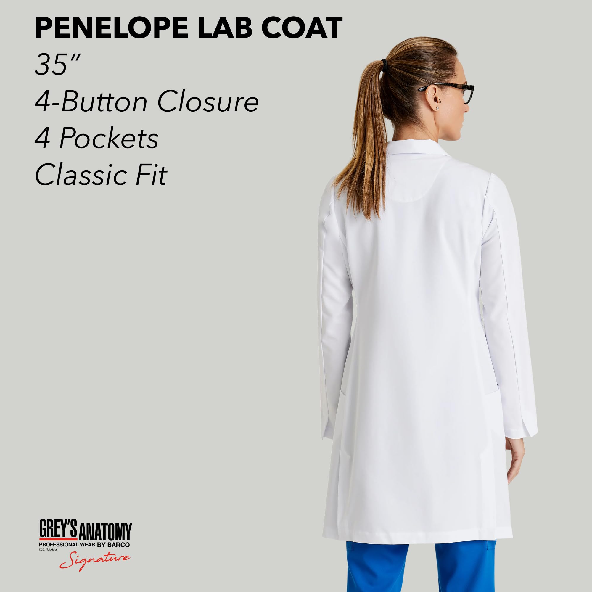 BARCO Grey's Anatomy Scrubs Signature - Penelope - Abrigo de laboratorio profesional para mujer, longitud completa, 4 botones, manga larga, 35-37 pulgadas