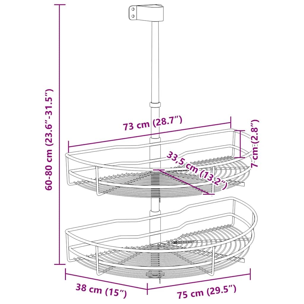 Cesta de alambre de cocina de 2 niveles, giratoria 180 grados, 75 x 38 x 80 cm, con estantes, ahorra espacio, organizador para utensilios, cubiertos, cuchara, escurreplatos y accesorios