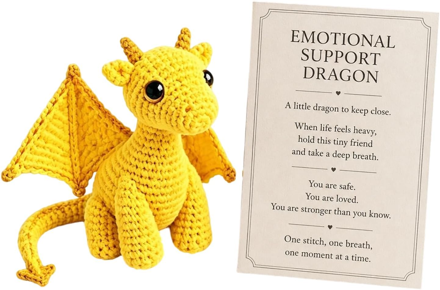 Emotional Support Dragon Pocket Buddy, Handmade Knitted Dragon Toy (Yellow)