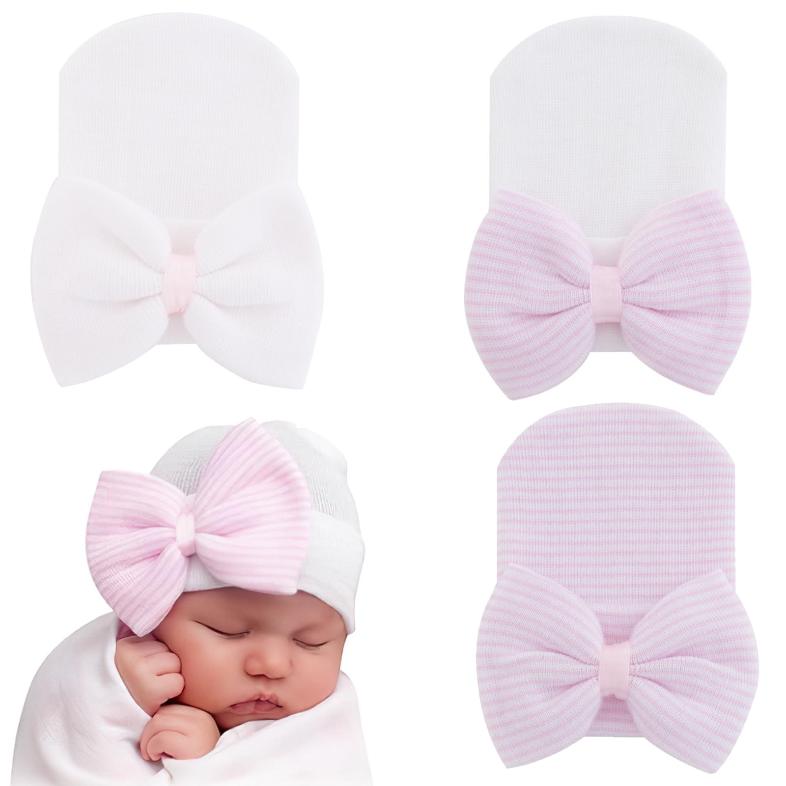 coolshef 3Pcs New Born Baby Cap Set – Soft Cotton Beanie Cap with Big Bow – Baby Caps for Born 0-12 Months for Girls – Comfortable, Stretchy and Adorable Infant Hats Multicolour-picture-33