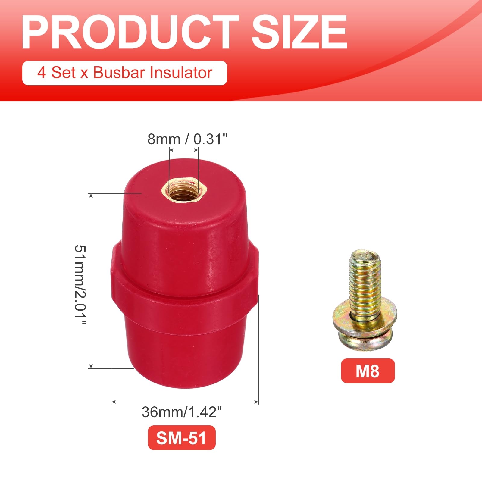 sourcing map SM-51 Sammelschienen-Isolator, Polyester-Abstandshalter-Isolatoren, hochfest, mit M8-Schrauben, Bolzen, Unterlegscheiben für Stromverteilerschrank, 4 Stück