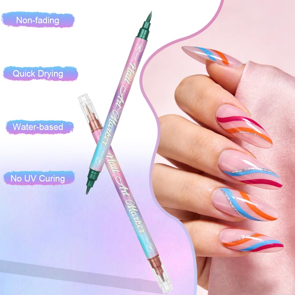 AOOWU Penne per Nail Art, 10 Penne Smalto per Unghie Nail Art, Smalto in Penna per Pittura Decorazioni Unghie per Disegno, Penna per Fai Da te Graffiti Pen Manicure Strumenti Bellezza（Bicefalo）