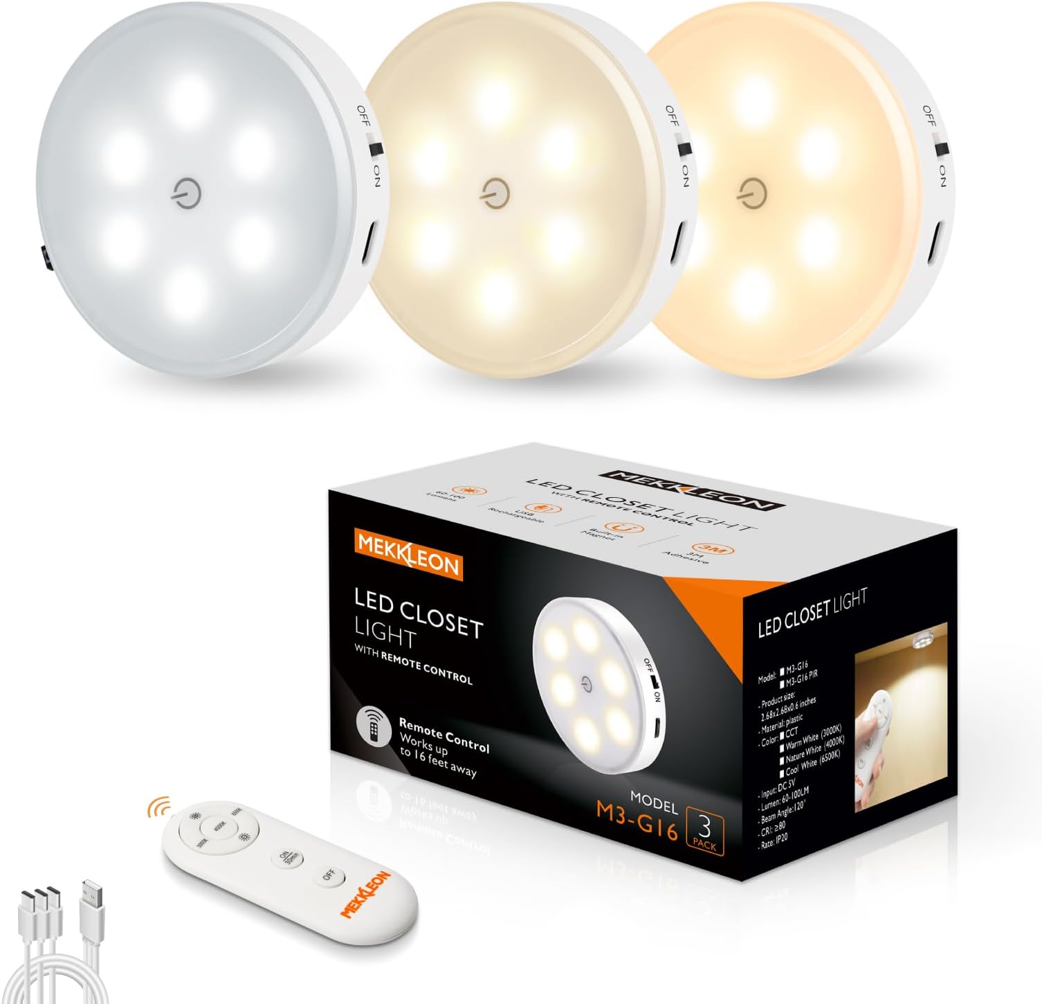 MEKKLEON Cabinet Lighting with Remote Control, Display Cabinet Lighting LED Wireless with 3 Colour Temperatures, 3 Pack USB Rechargeable Kitchen Under-Unit Light for Bedroom, Wardrobe, Cabinet