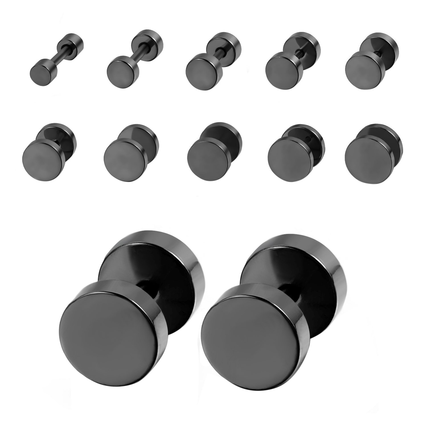 10 Pairs Stainless Steel Fake Black Stud Earrings Ear Stretcher Plugs Cheater Earrings, Screw Flat Back Earrings Piercing Kit for Men Women (3mm-14mm), Stainless Steel-image-29