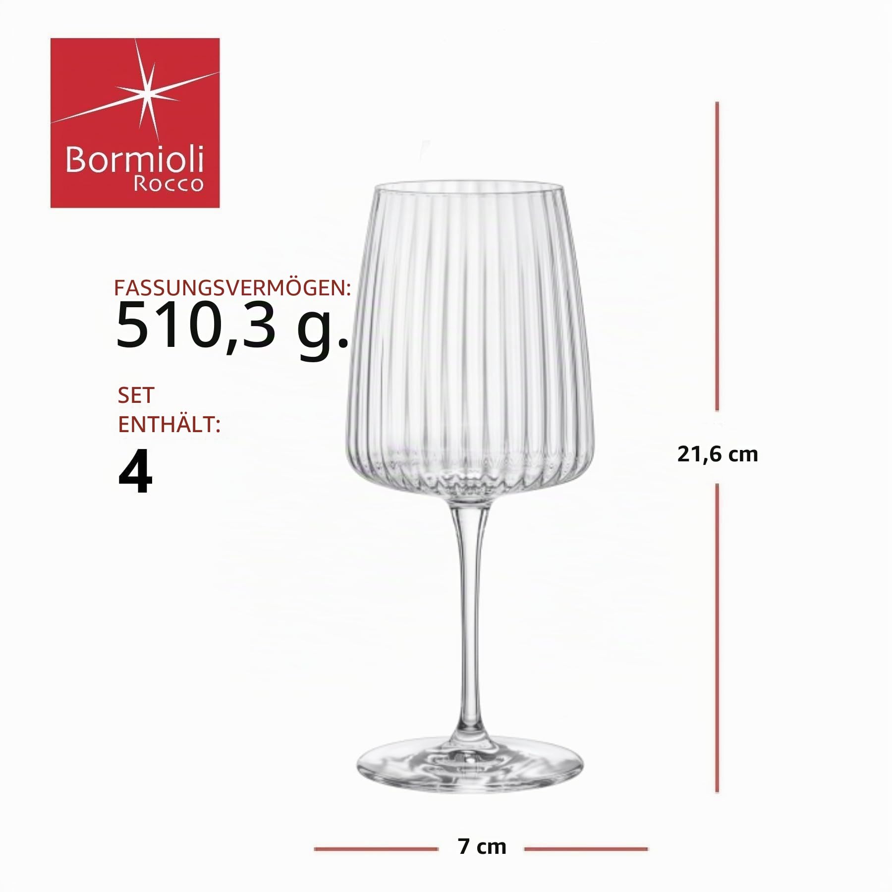 Bormioli Rocco Exclusiva Merlot Gläser, 4er-Set - 510 ml gerippte lange Stiel-Sternglaskelche mit XLT verstärkten Stielen - italienisches Rotwein-Trinkgeschirr - spülmaschinenfeste Kristallgläser