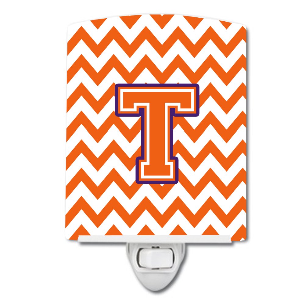 Caroline's Treasures CJ1062-TCNL Letter T Chevron Orange and Regalia Ceramic Night Light Compact, UL-Certified, Ideal for Bedroom, Bathroom, Nursery, Hallway, Kitchen, 6x4x3, Multicolor