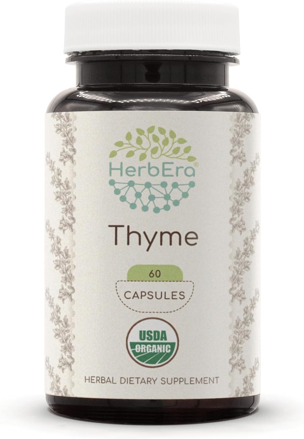 HerbEra Thyme USDA Organic 60 Capsules | Natural Herbal Supplement | Certified Organic Vegetarian Capsules and Organic Thyme (Thymus Vulgaris) Dried Leaf (60 Capsules)