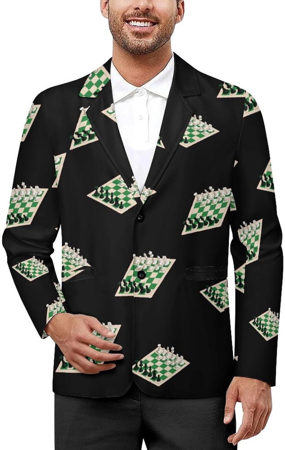 Chess1 Board White and Green Trendy Men's Two Button Suit Funny Casual Slim Fit Blazer Coat Tuxedos Jackets