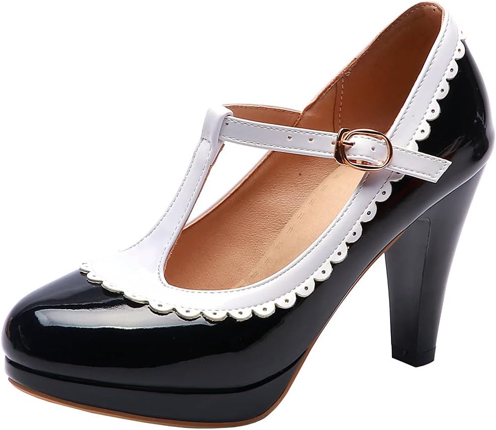 KOKOMOMO Womens Rockabilly Shoes T Strap Platform Mary Janes High Heel Patent Ankle Strap Pumps