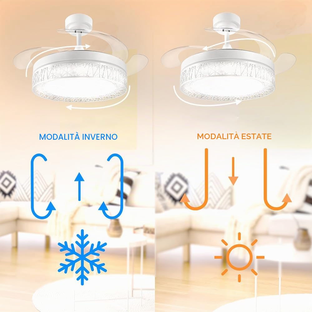 M mimotec - Ventilatore a Soffitto Led Bianco Aqua 66W con luce, telecomando, basso consumo energetico, motore DC 30W+Luce LED 36W, 6 velocità, silenzioso, 4 Pale sganciabili, estate-inverno, timer