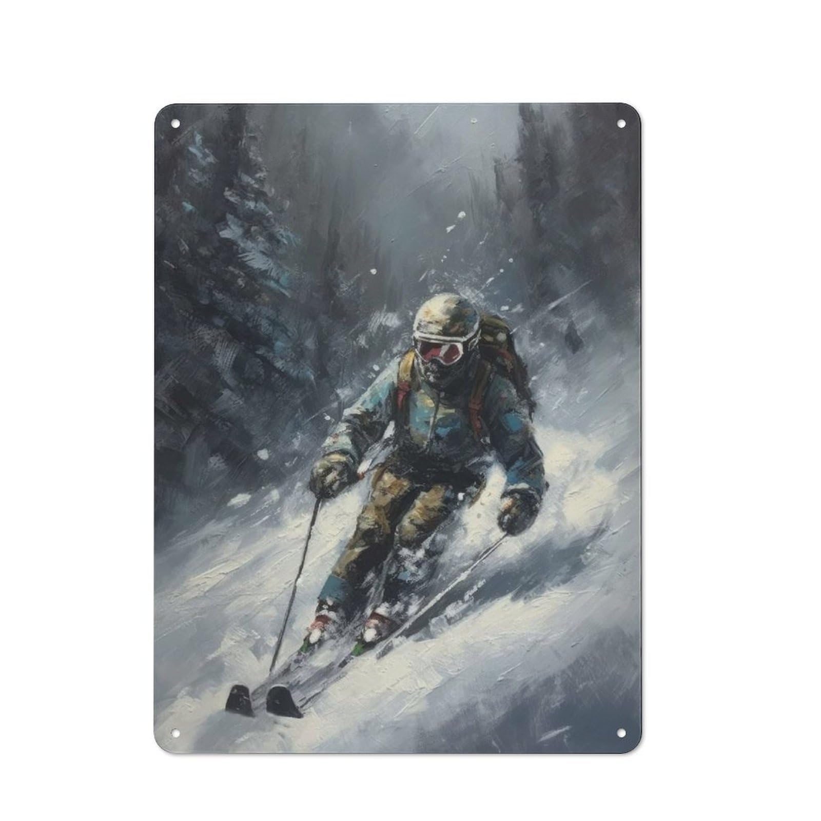 Junmoney Skier Oil Painting Metal Wall Sign 40X30cm, Retro Decor For Hallway Wall, For Wall Display Collectors
