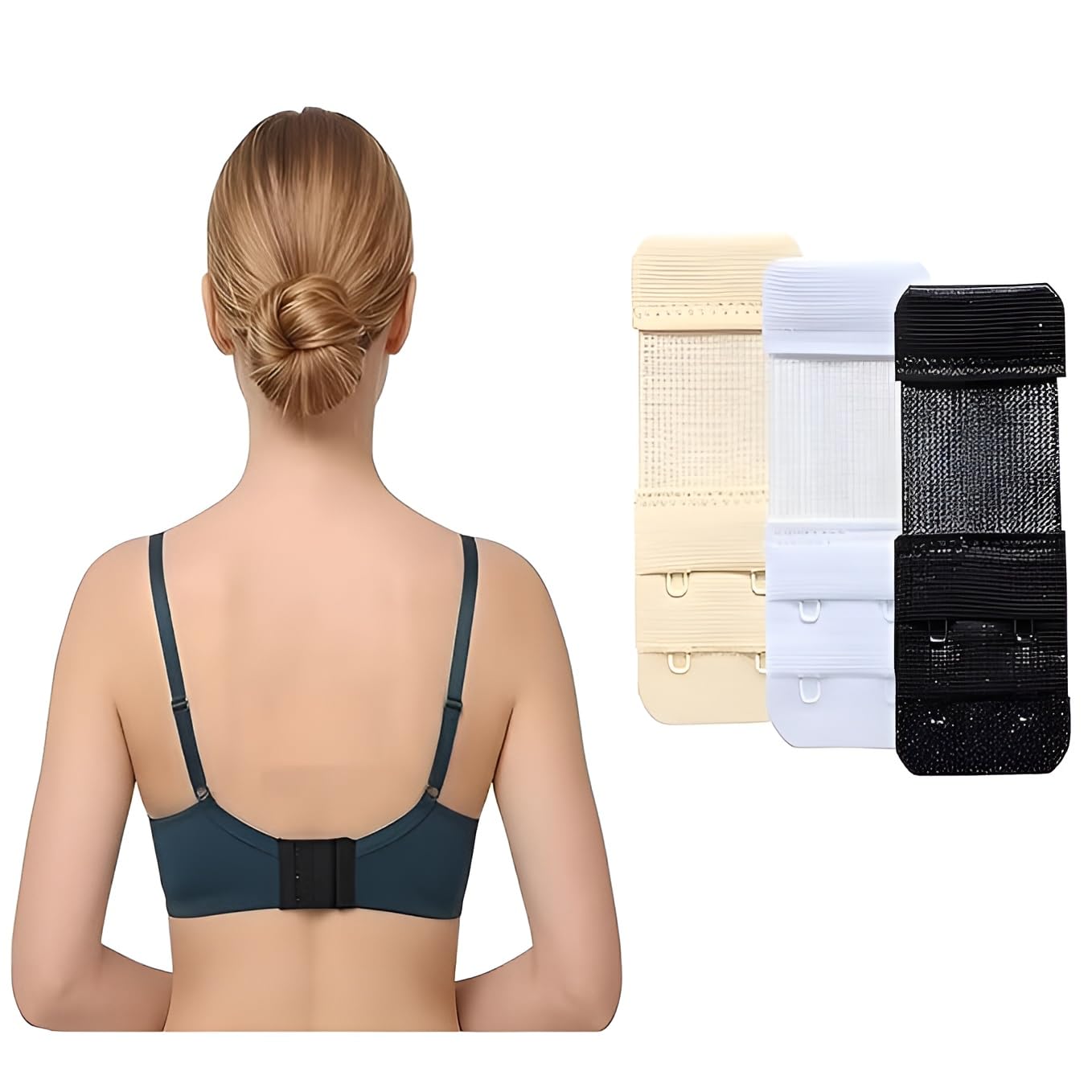 mapperz Bra Extender 3 Hook and Eye, Elastic Adjustable Extension, Increases Length 4-8 cm, White, Beige and Black, 3 Pack-picture-5