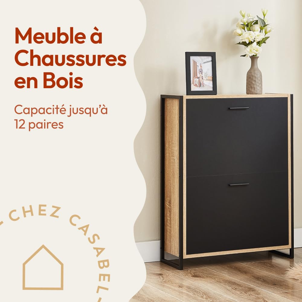 CASABEL Meuble à Chaussures Industriel 12 Paires, Noir et Cadre Bois