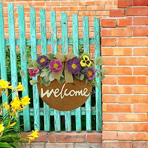 Artificial Spring Wreath Welcome Sign With Poppy, Pansy, Eucalyptus Leaves, Lavender Tassels, Fern Branches For Front Door Porch Farmhouse Home Decor, White Gift Box Included #TOP3