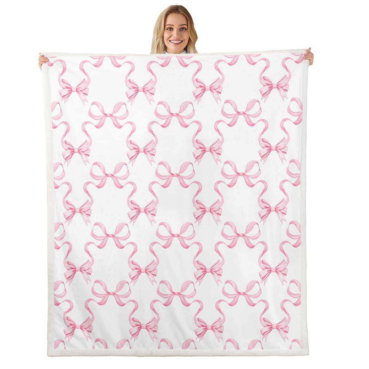 feelingyou Pink Bowknot Fleece Blanket,Princess Style Watercolor Bow-tie Throw Blanket for Sofa Adults,Fairy Tale Bow Ribbon Stripes Pink White Soft Blanket Bed Couch,Queen (90 x 90 Inches)
