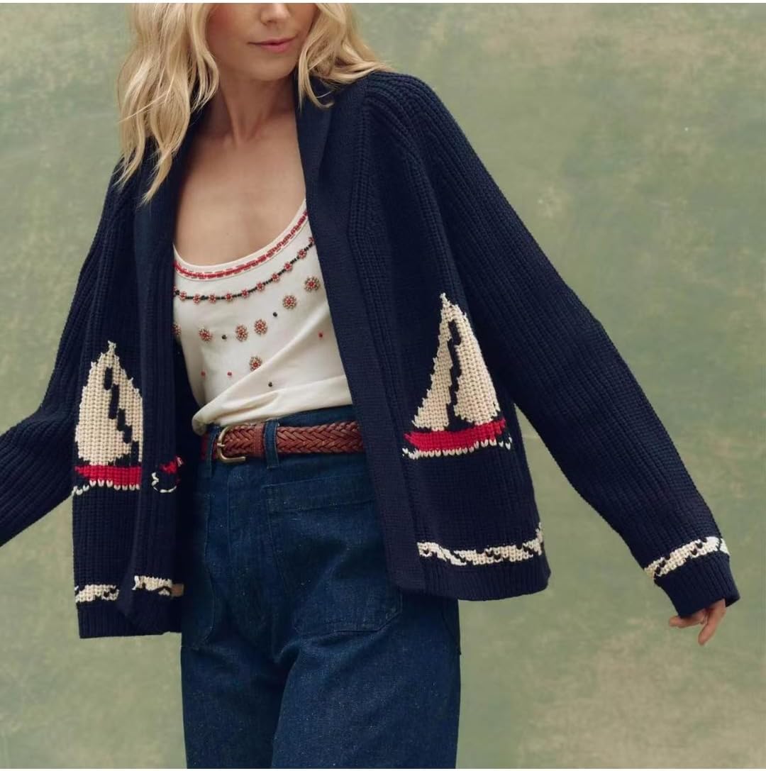 Sailboat Jacquard Knit Cardigan for Women - Fashion Turn Down Collar Spring Sweater, Street Chic Open Front Knitted Top