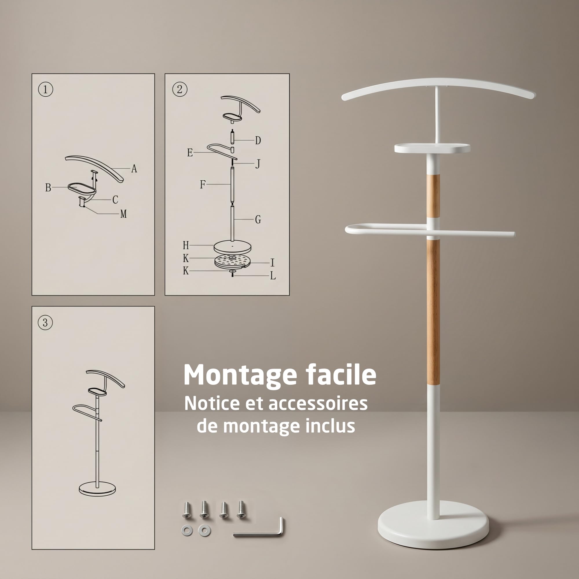 Valet de chambre Mod. EIDE - Couleur Blanc et Bois - Avec Penderie Supérieure et Barre pour Pantalons - 47 x 29 x 111 cm - Acier et Bois - Porte-vêtements