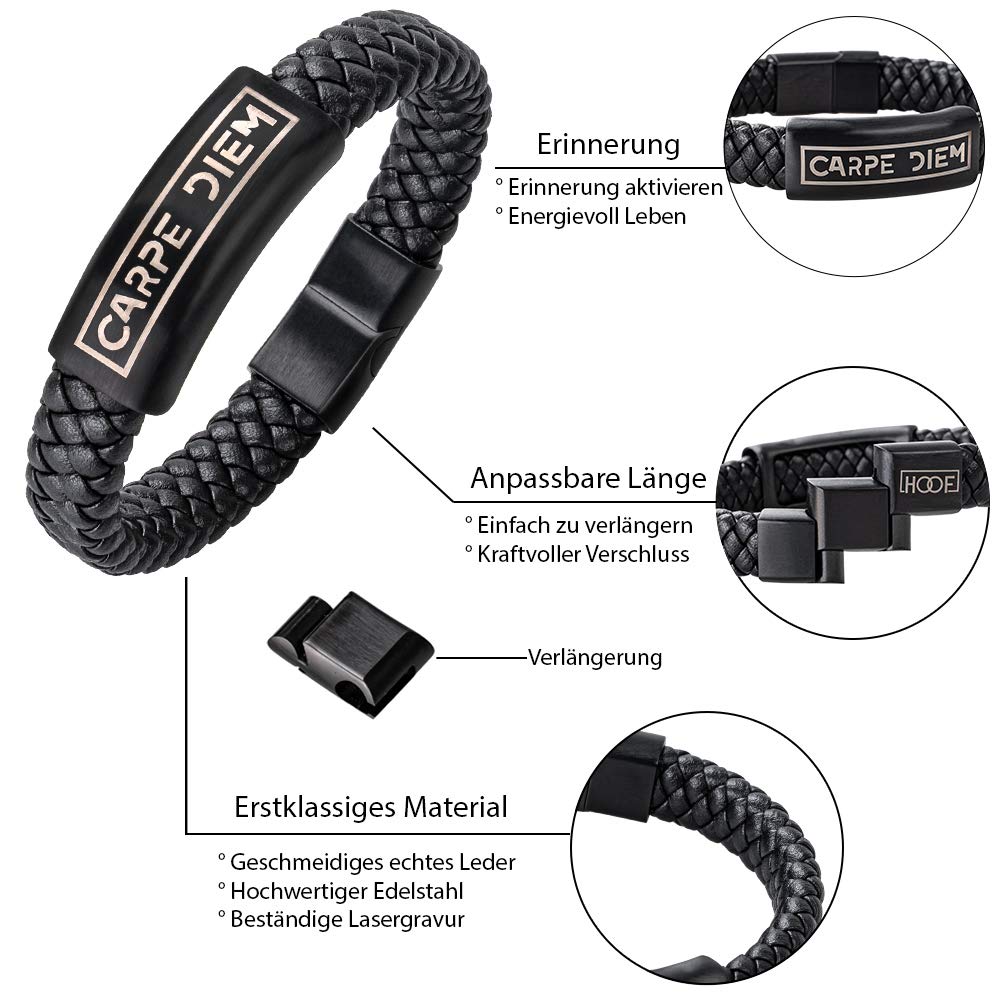 HOOF Armband Männer I Herren Echt-Leder Schmuck I Schwarz geflochten Armreif mit CARPE DIEM Gravur| Edle Box Schachtel | Personalisierte Geschenkidee Vatertag, Weihnachten, Freunde, Partner, bis XXXL