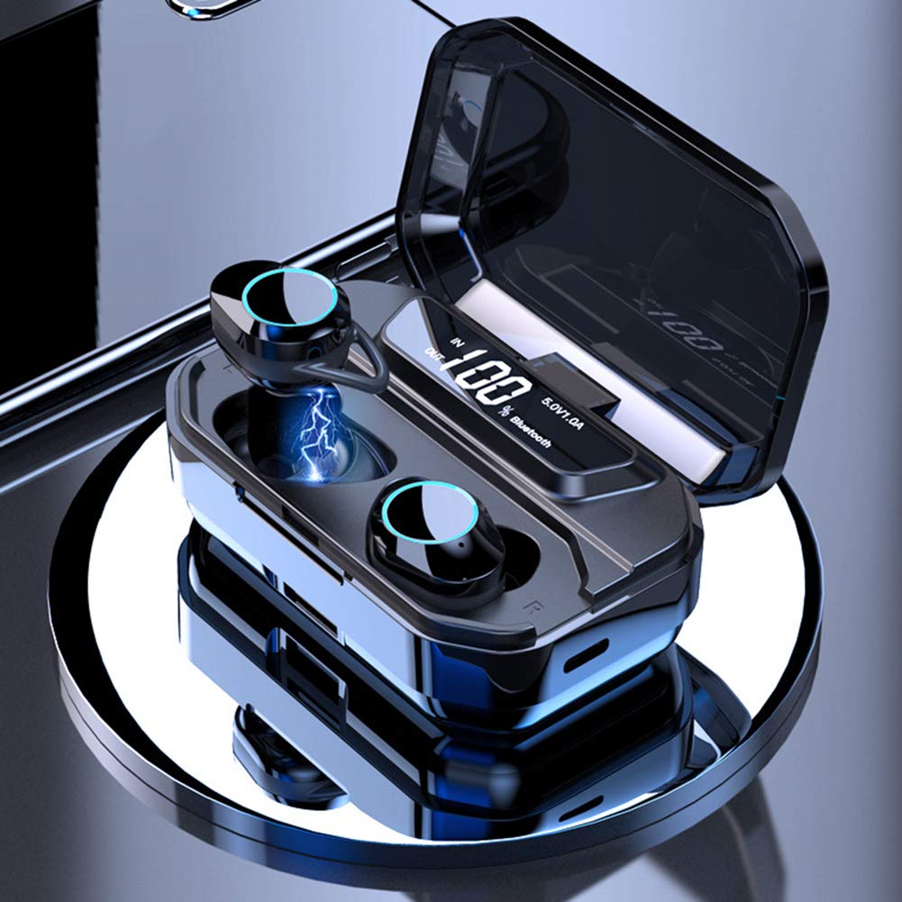 Deporte Auriculare Bluetooth 5.0 con Micrófono, Impermeable Auricular Inalámbrico HiFi Mini Twins Estéreo In-Ear Bluetooth con Caja de Carga Portátil, IPX6 HiFi, Black
