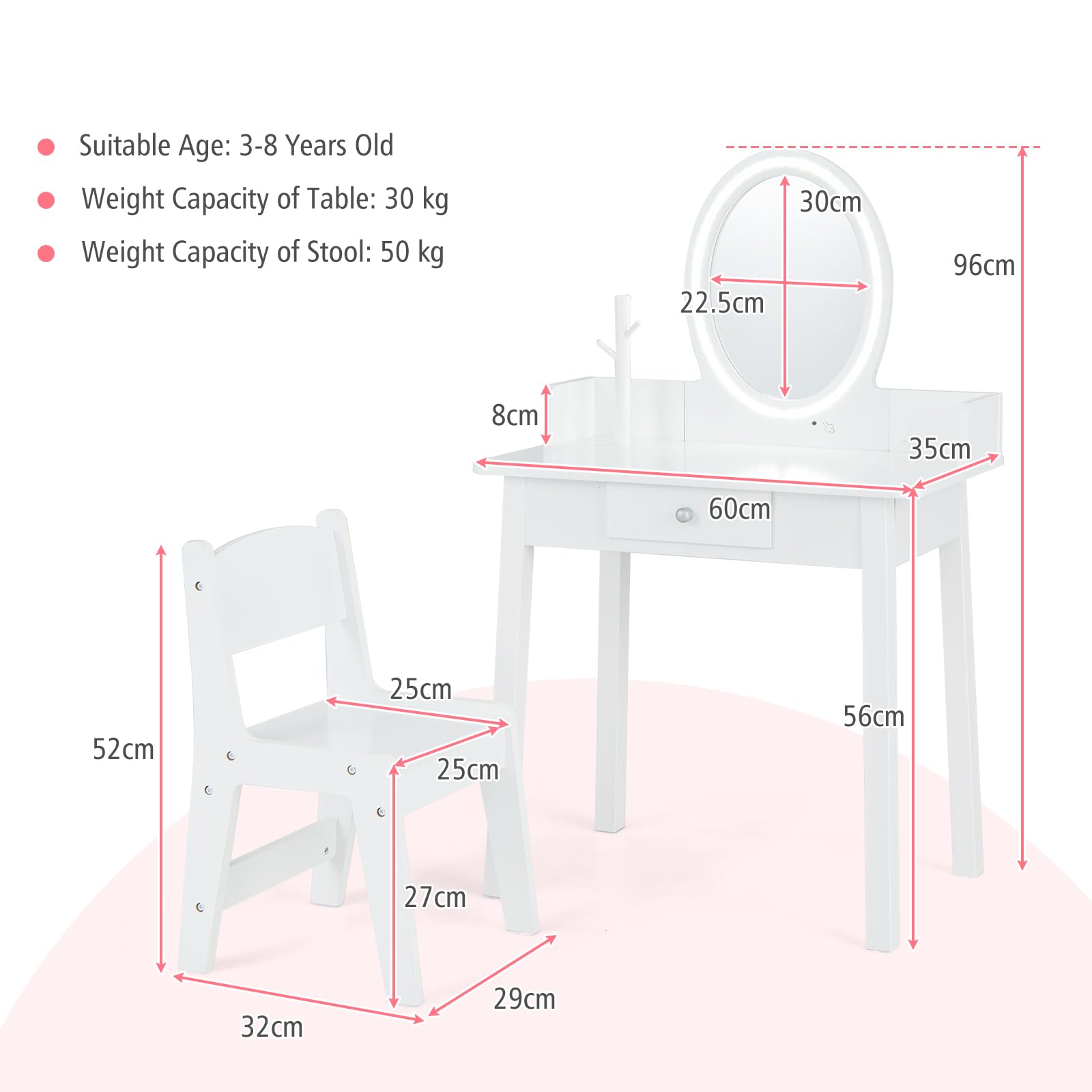 LIFEZEAL Toeletta per Bambini con Sedia e Specchio LED a 2 Colori, Tavolo da Trucco per Ragazze con Cassetto e Organizer a Forma di Albero, Set da Scrivania per Bambini dai 3 a 8 Anni