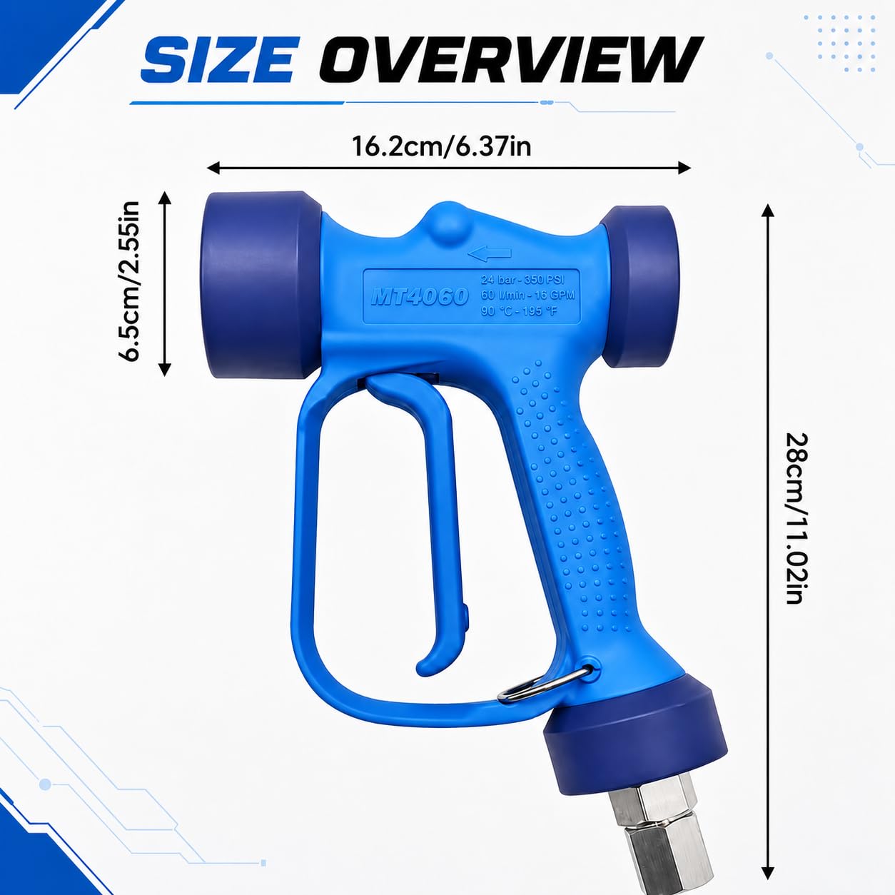 Pistolet do myjki ciśnieniowej 1,2 kg – duży miękki pistolet do mycia, wysoki przepływ z tylnym wejściem, z obrotowym trzpieniem SS, 350 psi przy 16 GPM, idealny do nawadniania ogrodu i czyszczenia