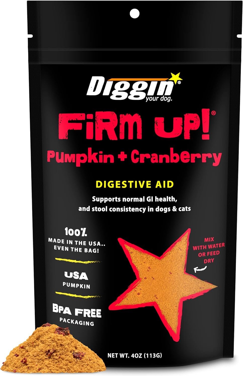 Diggin' Your Dog Firm Up Cranberry, Probióticos y Prebióticos para Perros y Gatos, Digestivo Rico en Fibra, Ayuda con Diarrea y Protege Flora Intestinal, Bolsa de 113 gr.