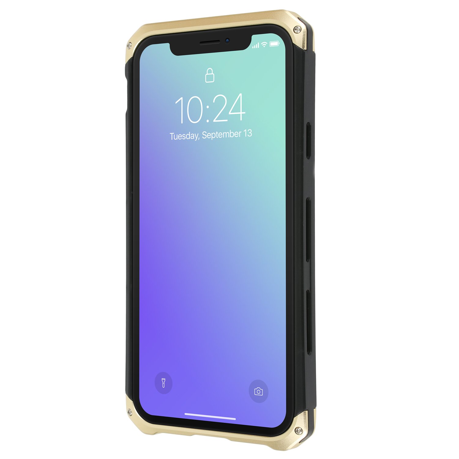 iPhone X Case Gold Protective Aircraft Bumper Metal Screw Cell Phone Case with Transparent Back Tempered Glass Wireless Charging Allowed and No Network Signal interfernce