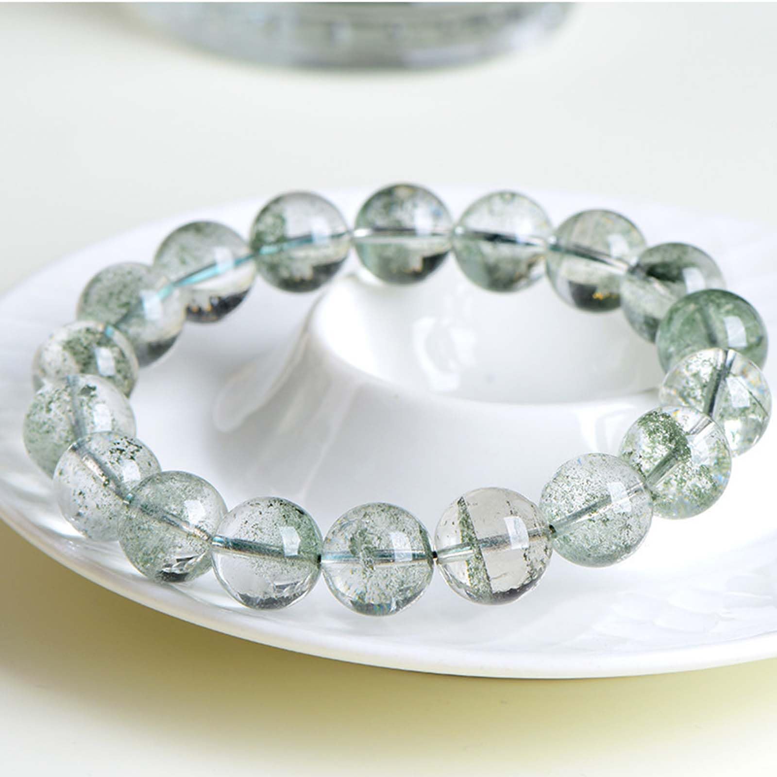 Bracciale con Perline Rotonde in Cristallo di Quarzo Verde Fantasma