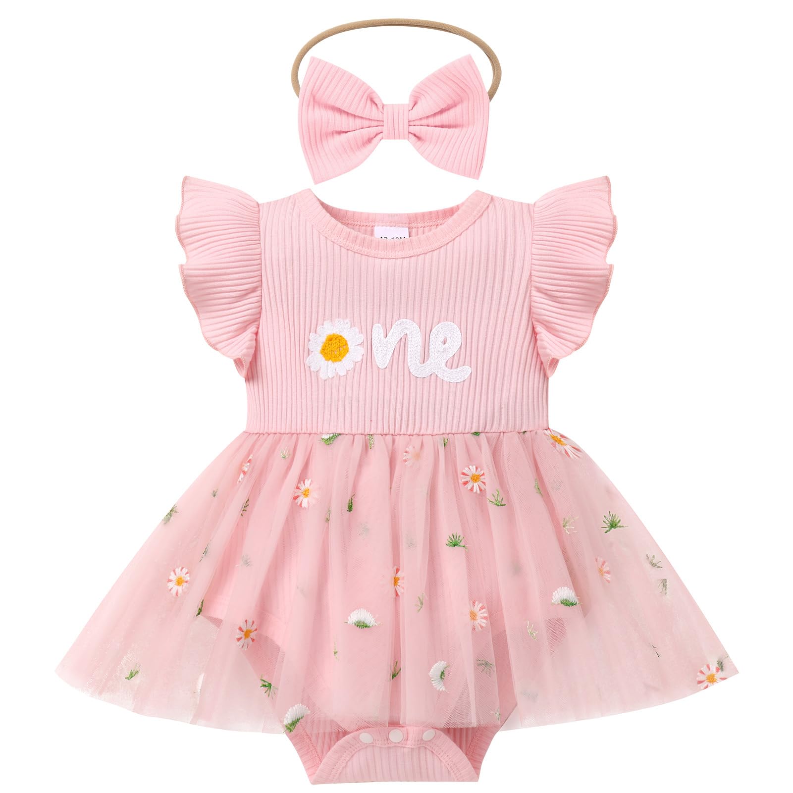 Odizli Vestito per bambine per il primo compleanno, con maniche svolazzanti, in maglia a costine, con tulle ricamato + fascia per capelli per servizio fotografico