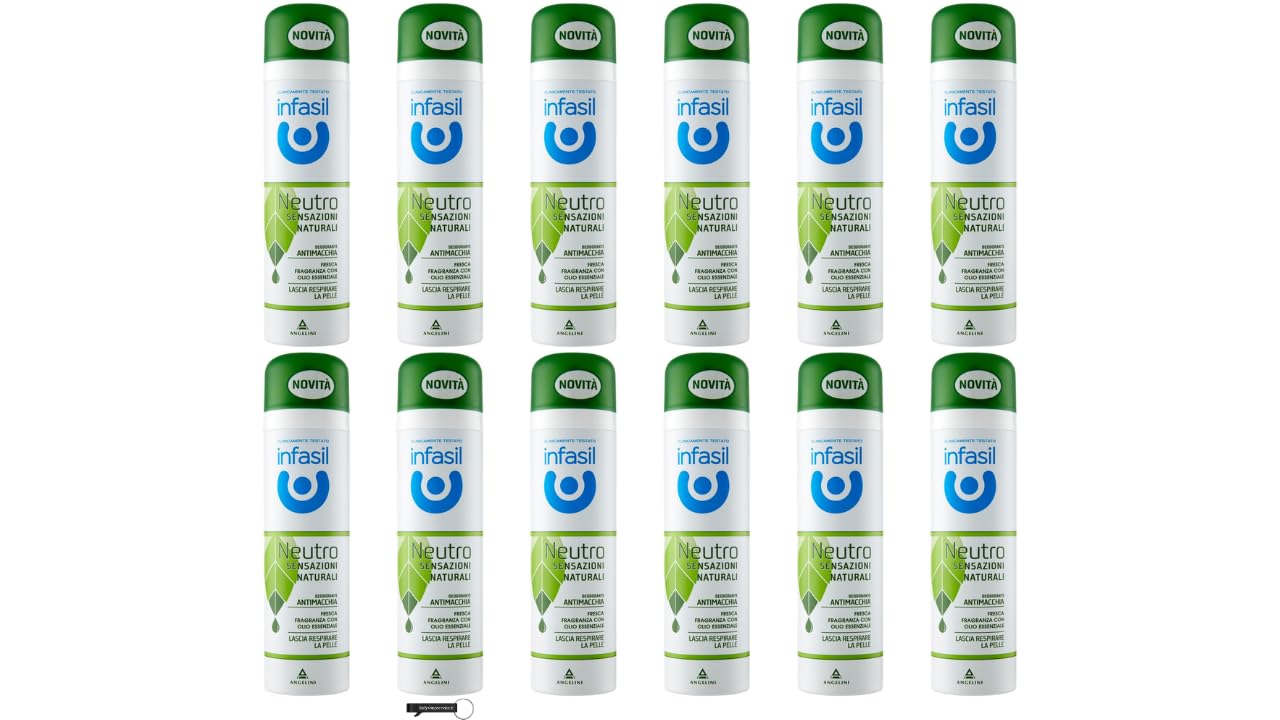 Infasil - 12 deodoranti spray Neutro Sensazioni Naturali con olio essenziale, 150 ml + portachiavi in omaggio