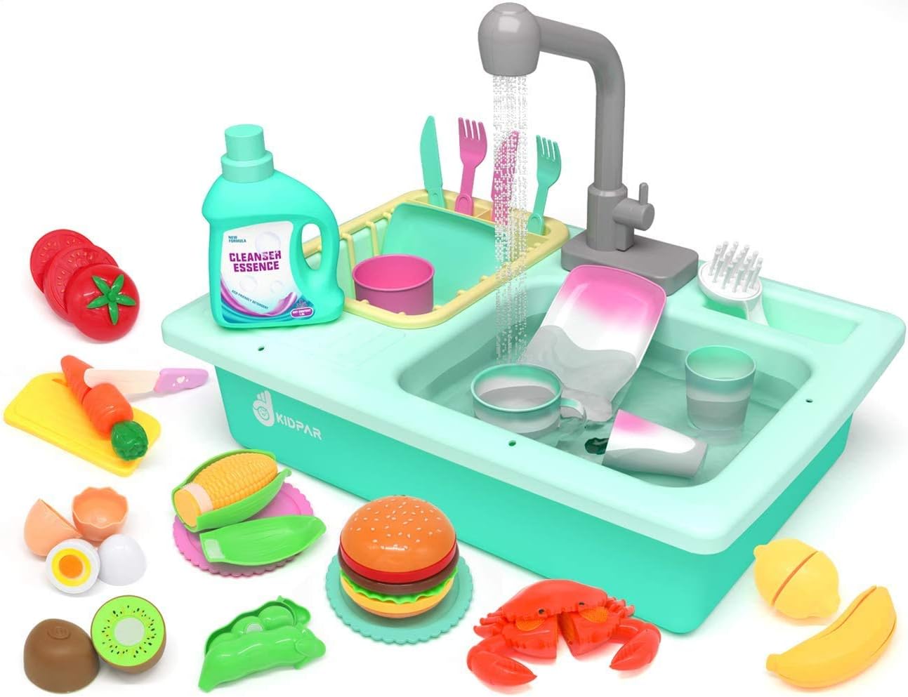 KIDPAR 28 Pcs Color Changing Kitchen Play Sink Toys for Kids Toddler Electric Dishwasher with Running Water, Automatic Water Cycle System, Cutting Food, House Pretend Role Play Toys