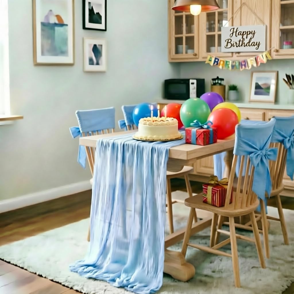 LINXTAR Light Blue Cheesecloth Table Runner 120 Inches 10Ft Gauze Summer Boho Table Runner for Wedding Tea Party Baby Shower Bridal Birthday Home Decoration