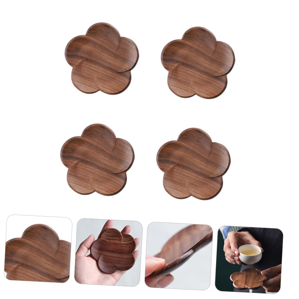 Posavasos de Madera de Nogal Negro Diseño de Pétalo, 4 Piezas | Marrón, para Taza Cerámica y Taza de Té, Estilo Decorativo Artístico, Protege la Encimera