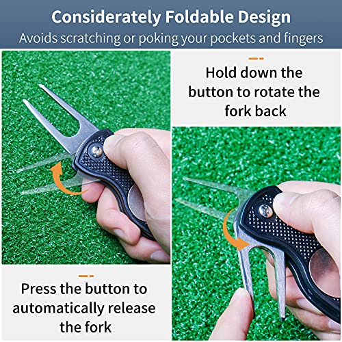 Vibit Foldable Golf Divot Repair Tool With Magnetic Ball Marker And Pop-Up Button Green Tool Accessories With Metal Fork Tine And Plastic Handle For Golfers, 2 Pack #TOP2