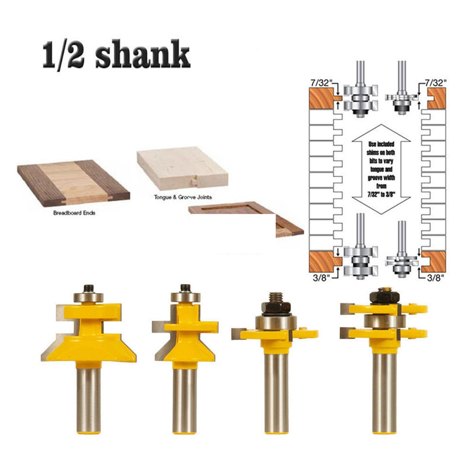 4 sztuk 1/2 "/12.7mm Shank V-notch Tongue Grooving zestaw bitów do frezowania linia wolframu nóż czop frez narzędzia do obróbki drewna