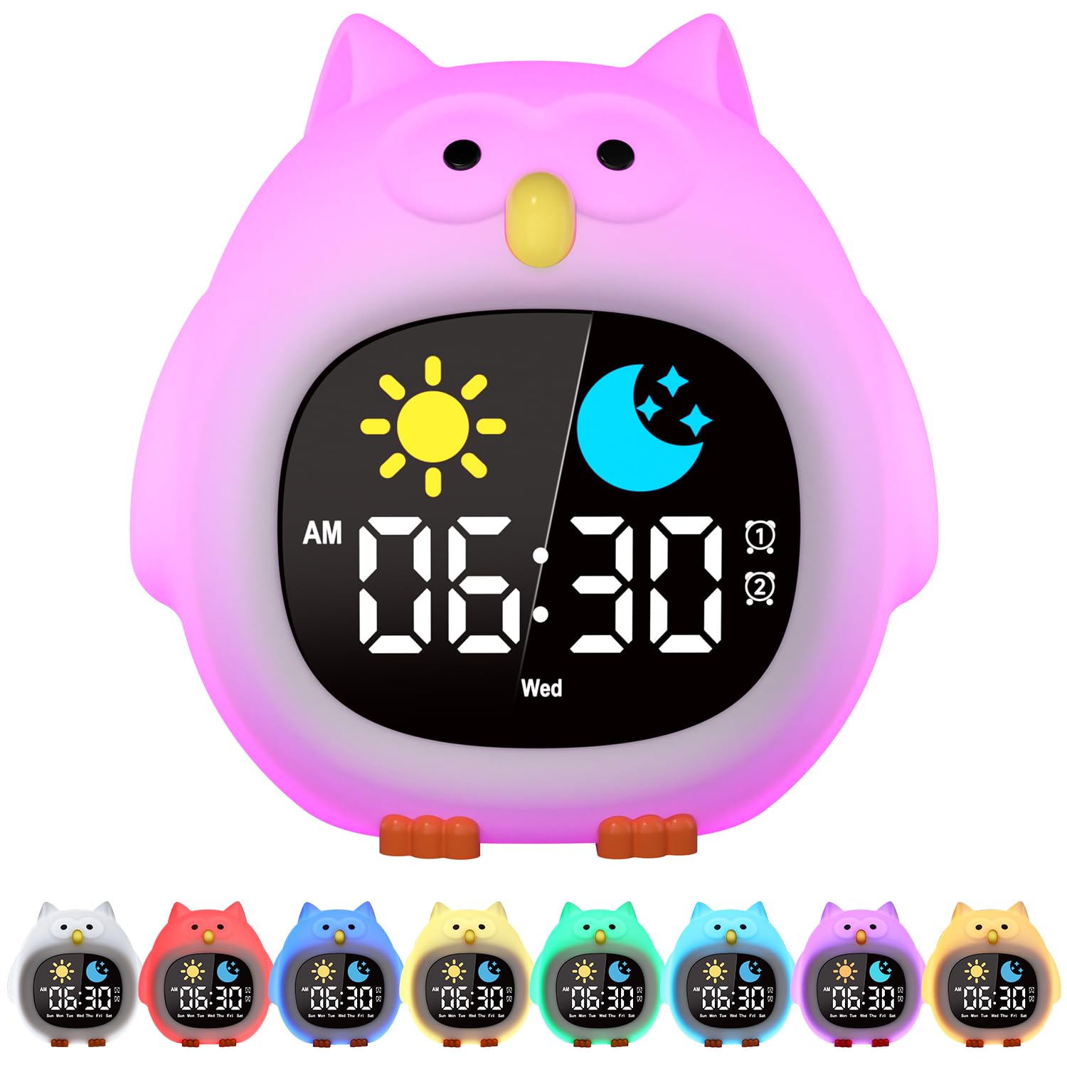 YISSVIC Reloj despertador digital para niños, con luz nocturna de silicona colorida, 2 alarmas, recargable, brillo ajustable, iconos de sol y luna, regalo para niños y niñas, estilo búho